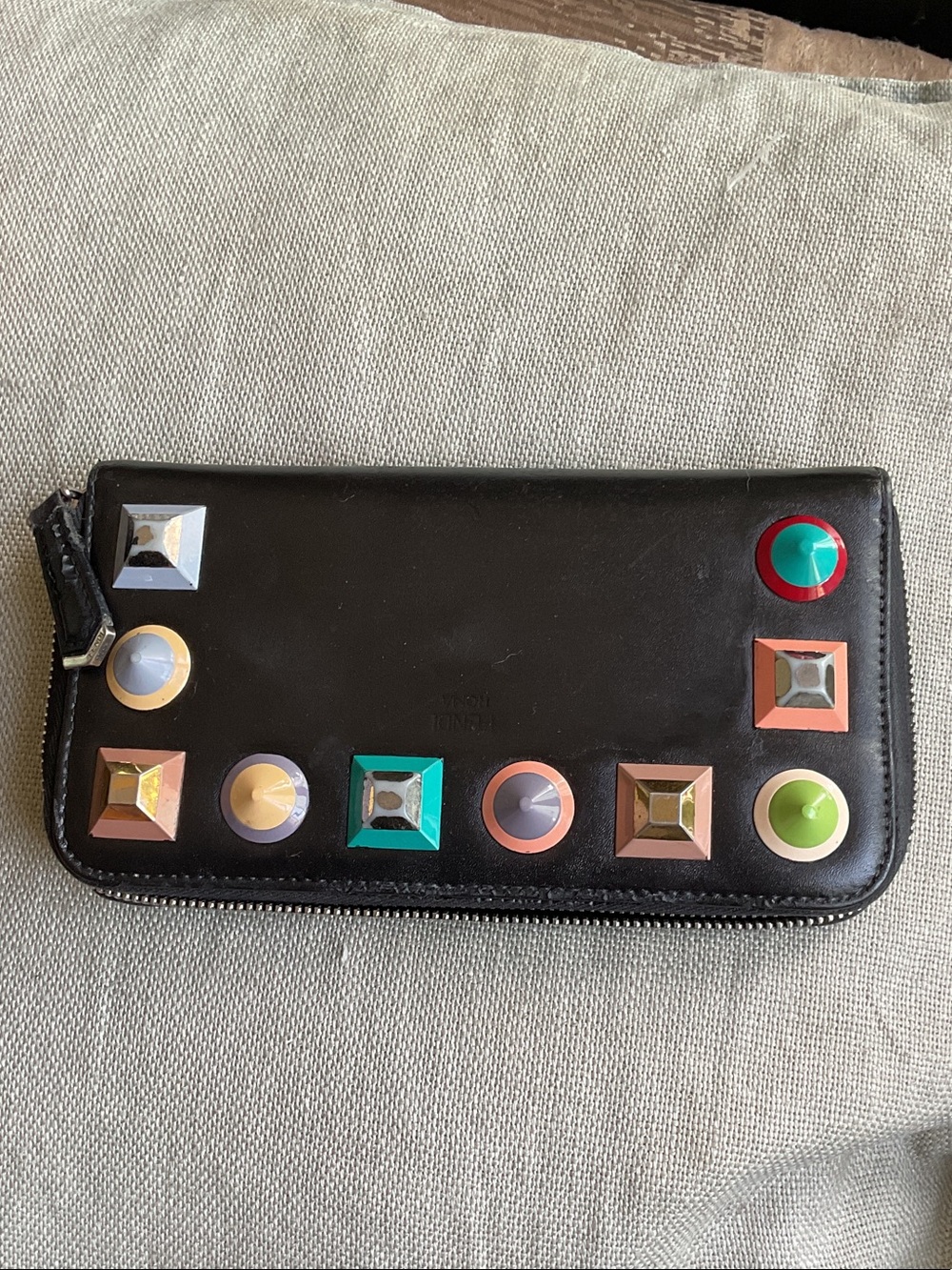 Authentic Fendi Black Studded Zip Wallet with Multicolor Accents